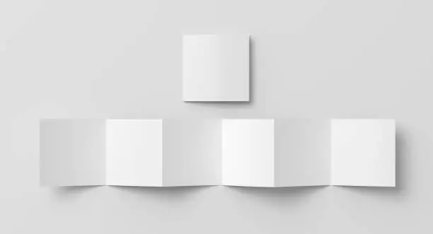 Square page zigzag or accordion fold brochure. Six panels, twelve pages blank leaflet. Mock up on white background for presentation design. Unfolded and folded. 3d illustration.