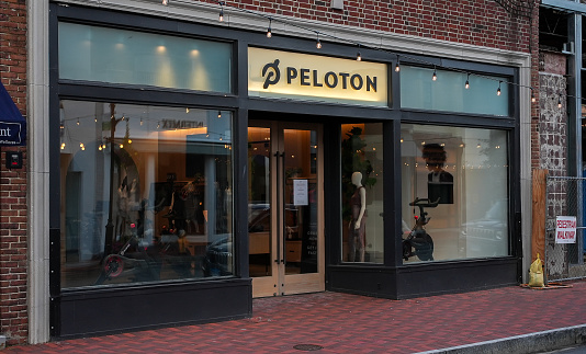 Westport, CT, USA - July 4, 2021: Peloton store entrance view from Main Street in down town area