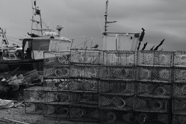 barche da pesca sulla spiaggia di hastings in una giornata nebbiosa e nebbiosa - fishing boat trawler nautical vessel hastings england foto e immagini stock