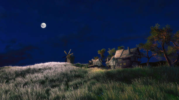 istock Rural landscape with houses and windmill at night 1330723362