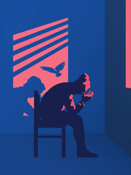 einsamer trauriger mann auf dem stuhl - shadow men silhouette people stock-grafiken, -clipart, -cartoons und -symbole
