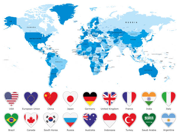 ilustraciones, imágenes clip art, dibujos animados e iconos de stock de mapa azul del mundo con banderas de forma de corazón sobre fondo blanco - mapa mundi