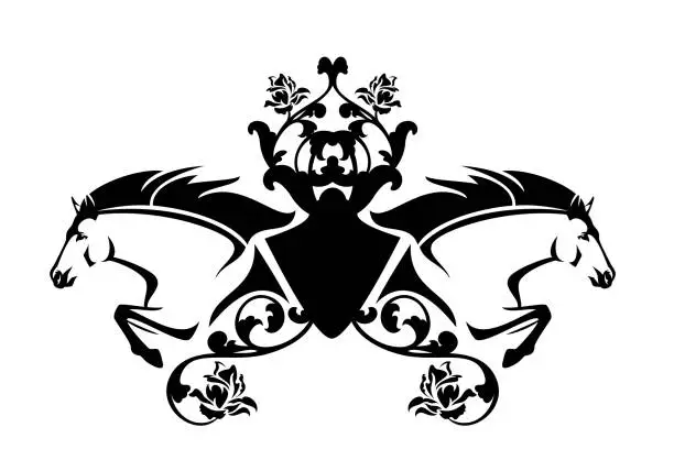 Vector illustration of jumping horses and heraldic black and white vector decor with rose flowers