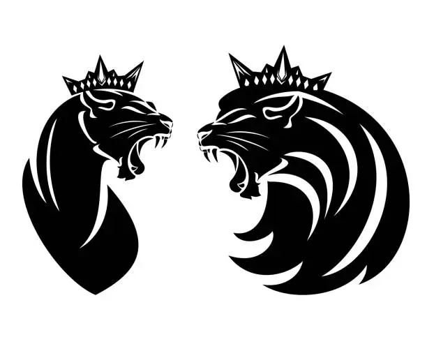 Vector illustration of lion king wearing royal crown and queen lioness head black vector design set
