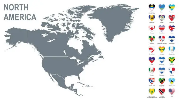 Vector illustration of North America grey map with heart shape flags against white background