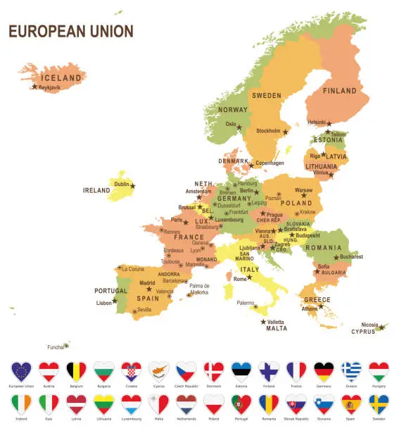 Vector illustration of European Union colored map with heart shape flags against white background