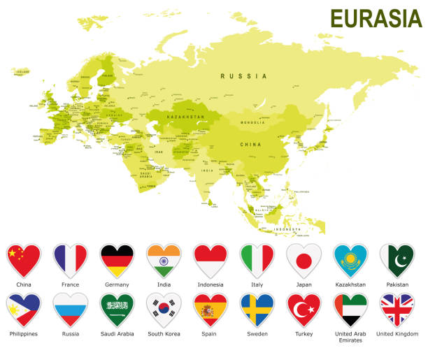 Eurasia green map with heart shape flags against white background Eurasia green map with heart shape flags against white background eurasia stock illustrations
