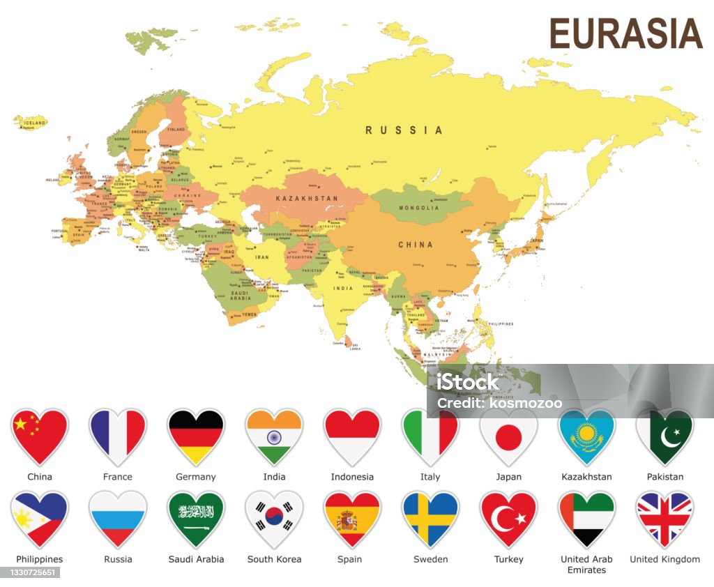 Eurasia Map Color Eurasia Colored Map With Heart Shape Flags Against White Background ...