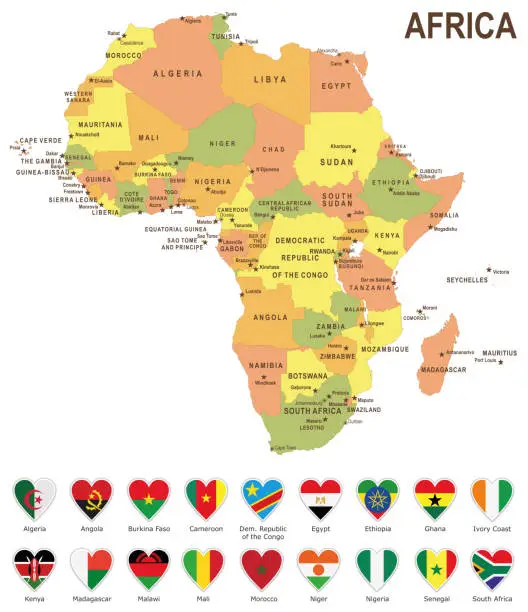Vector illustration of Africa colored map with heart shape flags against white background