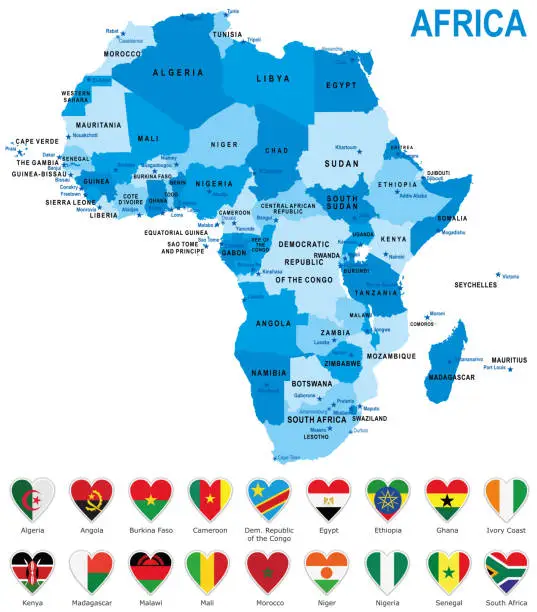 Vector illustration of Africa blue map with heart shape flags against white background