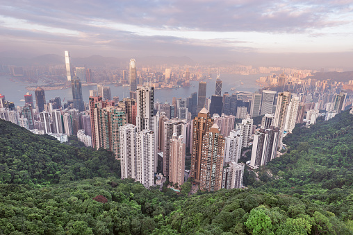 View of the downtown of Hong Kong from Victoria Peak at sunset.