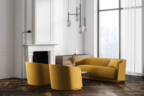istock Panoramic white living room corner with sofa, armchairs and fireplace 1330728495