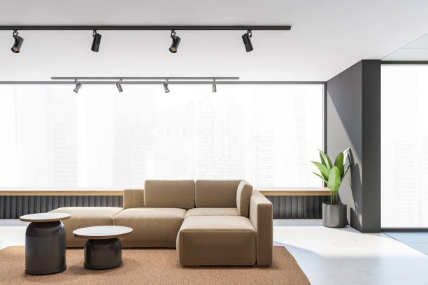 istock Modern gray panoramic living room interior with sofa 1330728793