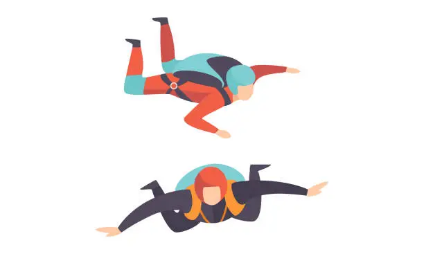 Vector illustration of Skydivers Floating in the Air, Free Jumping, Extreme Sport Cartoon Vector Illustration