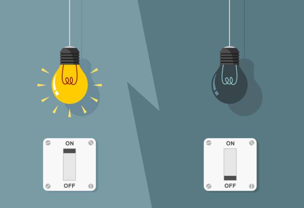 illustrazioni stock, clip art, cartoni animati e icone di tendenza di lampadine piatte accese e spente con interruttori della luce accesi - lamp