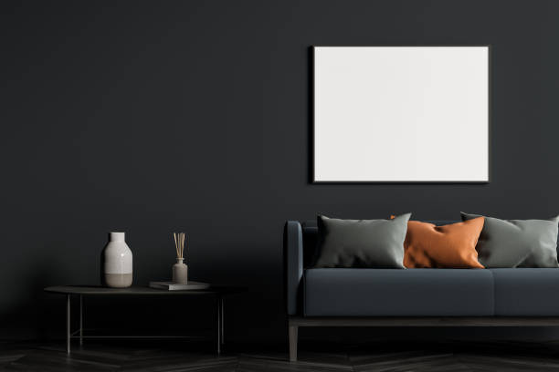 istock Grey sofa, table and poster in gray living room 1330730510