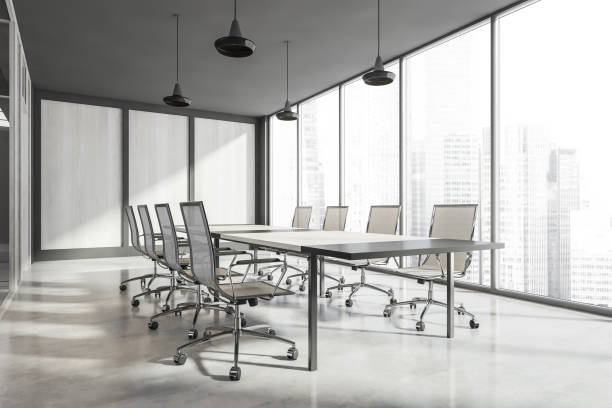istock Light meeting room interior with furniture and panoramic windows 1330731245