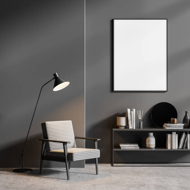 istock Room interior with empty poster, shelf, chair and lamp, dark grey 1330732519