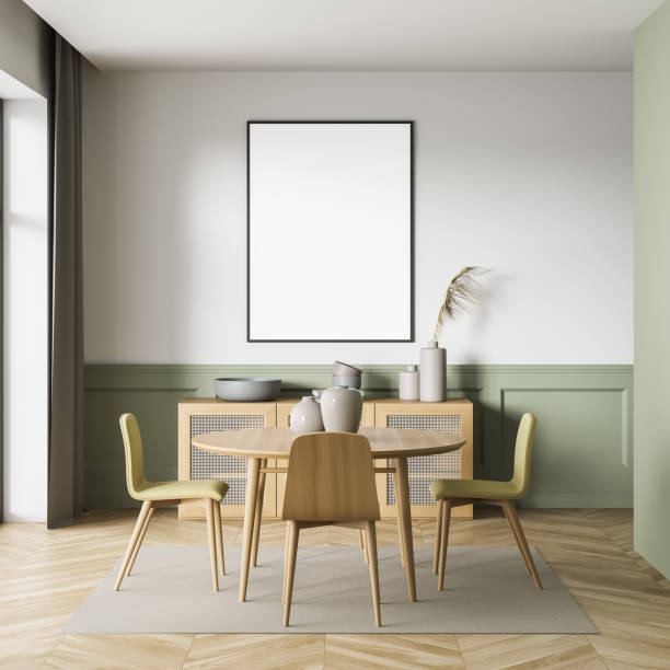istock Light art room interior with seats and round table, mock up poster 1330732619