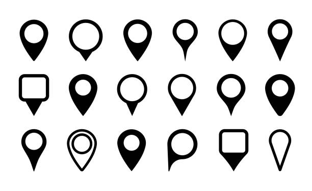 ilustrações de stock, clip art, desenhos animados e ícones de pin icon for map location. point marker for gps, geo position and place. tag or symbol of destination in travel and road. set of black map pointer on white background. sign of navigation. vector - crachá de campanha