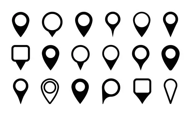Vector illustration of Pin icon for map location. Point marker for gps, geo position and place. Tag or symbol of destination in travel and road. Set of black map pointer on white background. Sign of navigation. Vector