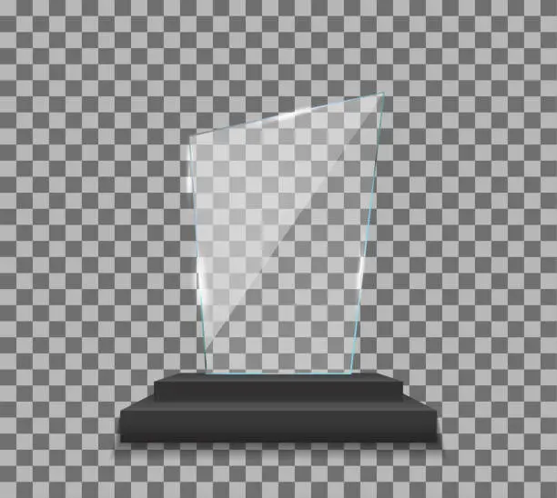 Vector illustration of Trophy of glass award. Plexi glass award. Plate of acrylic trophy. Stand of crystal for prize of winner. Mockup of realistic of plexiglass for cup of champion. Acrilic badge for win. Vector