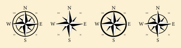 コンパスアイコン。地図と旅行のための北、南、西、東と海道。方向、ナビゲーション用のロゴ。船舶用の船舶オリエンテーションのサイン。矢印でダイヤルします。風のバラのシンボル。� - compass direction map north点のイラスト素材／クリップアート素材／マンガ素材／アイコン素材
