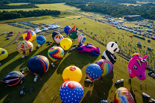 About 100 hot air balloons preparing to leaving Solberg Airport at the New Jersey Balloon Festival in Readington, New Jersey.
