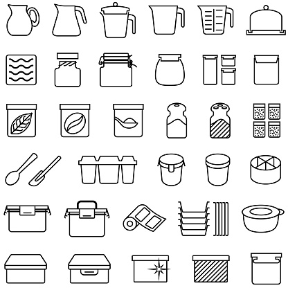 Single color line art isolated icons of food containers.