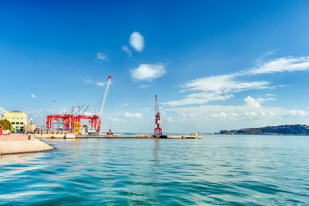 Harbour Port with Loading Cranes in Lisbon City in Portugal. Horizontal Composition