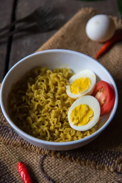 Food photography background instant maggi noodles. Close up, selective focus.