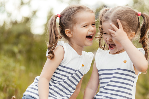 Happy twin sisters children. Girls sister in a park at a picnic laugh, smile.