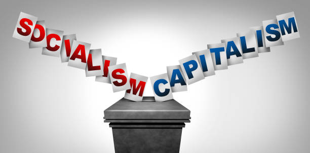 Socialism Capitalism Concept Socialism Capitalism concept as two different economic and political systems as a vote and election choice for global social ideology path and society direction with 3D illustration elements. ideology stock pictures, royalty-free photos & images