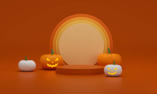 istock Halloween pedestal with pumpkins on a orange studio background. 1330741667