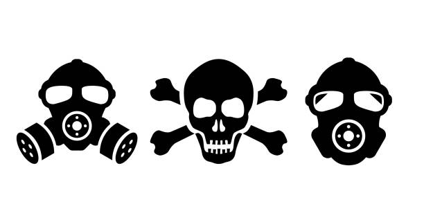 illustrazioni stock, clip art, cartoni animati e icone di tendenza di simboli di pericolo rischio biologico, teschio e maschera antigas - danger toxic waste hazardous area sign symbol