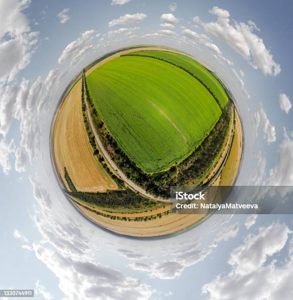 Small Planet With A View Of A Bridge Wheat And Corn Fields Under The Blue Sky In Moldova Spherical Panorama On Dji Mavic Mini 2 Stock Photo - Download Image Now