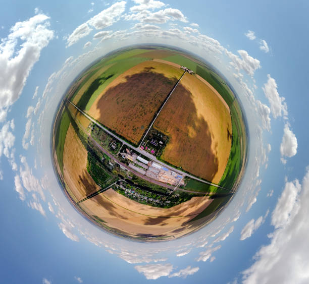 istock Small planet aerial view of granaries and wheat, corn fields in Moldova, spherical panorama on DJi Mavic Mini 2 1330744922