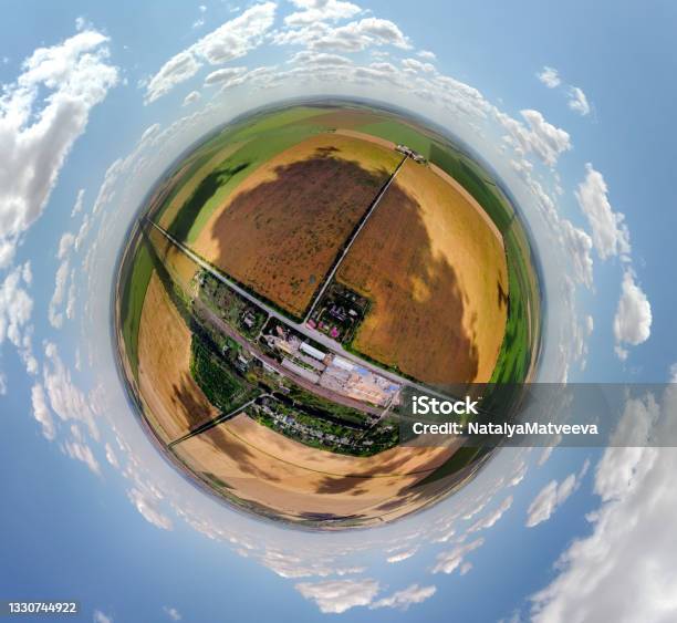 Small Planet Aerial View Of Granaries And Wheat Corn Fields In Moldova Spherical Panorama On Dji Mavic Mini 2 Stock Photo - Download Image Now