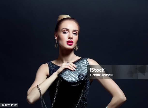 Portrait Of Elegant Woman Holding Evening Bag Stock Photo - Download Image Now - Evening Gown, Fashion, High Society