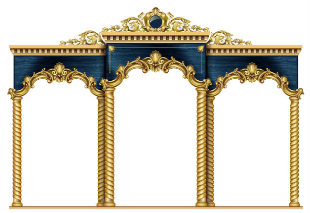 Golden arch portal Baroque blue gold arcade Golden luxury classic arch with columns. The portal in Baroque style. The entrance to the fairy Palace colonnade stock illustrations