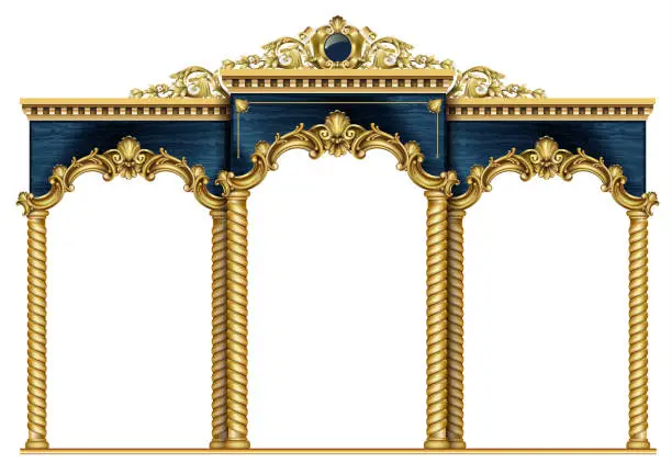 Vector illustration of Golden arch portal Baroque blue gold arcade