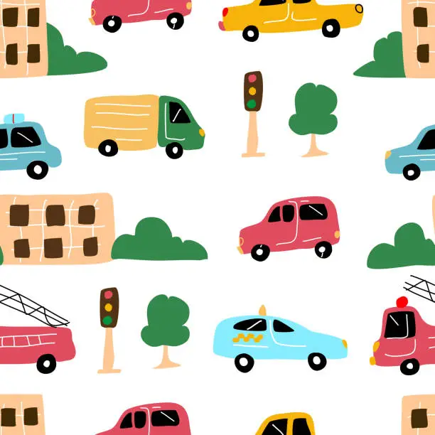Vector illustration of Seamless pattern with colorful city cars and houses