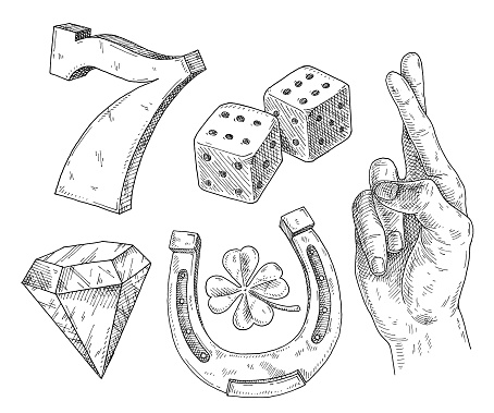 Set lucky symbols. Horseshoe, dice, four leaf clover, diamond, dice, seven number, two crossed fingers. Vintage hatching monochrome black illustration. Isolated on white. Hand drawn ink design