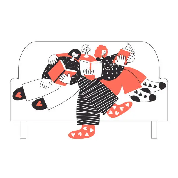 Vector illustration of Modern polyamorous family spending time together reading on a sofa. Three lovers on a romantic Valentines date. Polygamy and bisexuality, happy non-monogamous open relationship concept. LGBT rights, pride vector flat illustration.