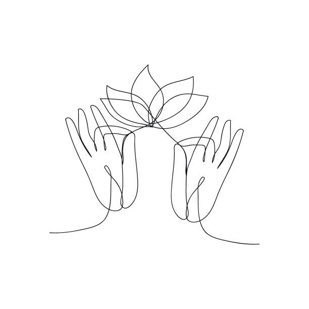 Two hands with a lotus drawn by one line. Symbol of Buddhism, Yoga, Hinduism, Spirituality. Yoga mudra. Black and white vector illustration. Two hands with a lotus drawn by one line. Symbol of Buddhism, Yoga, Hinduism, Spirituality. Yoga mudra. Black and white vector illustration. mudra stock illustrations