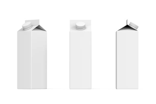 istock Product packaging 3d render. Beverage paper box set. Pack mockup illustration. A white carton package of milk with round screw cap. 1330757546