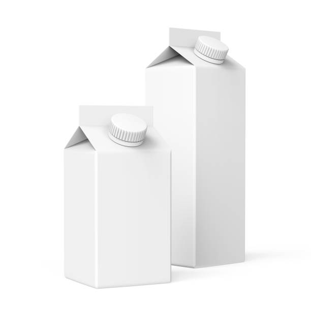 istock Product packaging 3d render. Beverage paper box set. Pack mockup illustration in various sizes. Two white carton package of milk with round screw cap. 1330757549