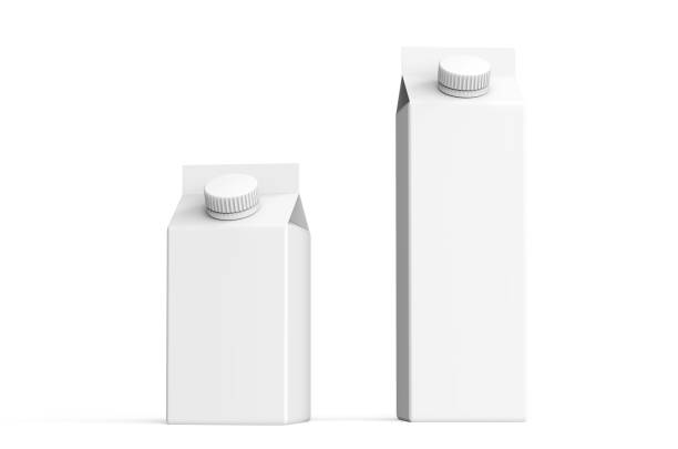 istock Beverage packaging 3d render. Product paper box set. Pack mockup illustration in various sizes. Two white carton package of milk with round screw cap. 1330757568