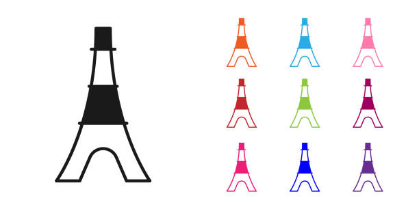 schwarzes eiffelturm-symbol auf weißem hintergrund isoliert. frankreich wahrzeichen von paris. setzen sie symbole bunt. vektor - eiffel tower black and white paris france construction stock-grafiken, -clipart, -cartoons und -symbole