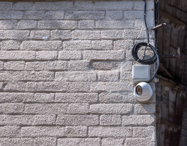 полусферическая форма, камера наблюдения, подключенная к сети и установленная на стене кирпичного дома - mounted guard стоковые фото и изображения